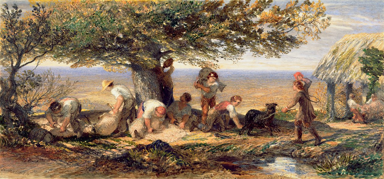 The Sheepshearers, n. 1863 (akvarelli ja vartaloväri lyijykynän päällä paperilla) af Samuel Palmer