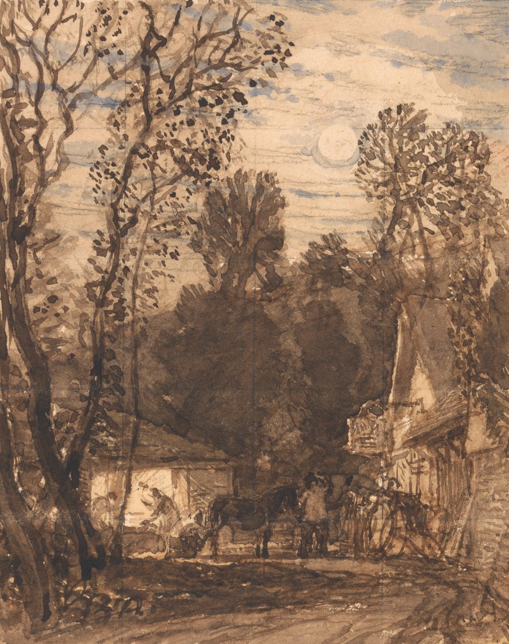 The Wayside Smithy (vask med blyant og blæk på papir) af Samuel Palmer