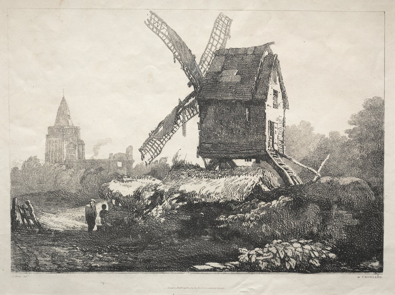 En række gamle bygninger og landlige hytter i det nordlige England: Ved Crowland, Windmill af Samuel Prout