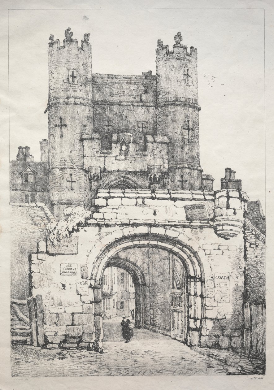 En række antikke bygninger og landlige hytter i det nordlige England: Ved York, Medieval Gate af Samuel Prout