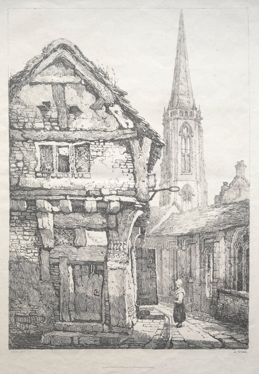 En række gamle bygninger og landlige hytter i det nordlige England: I York, Street ved siden af Cloister Wall af Samuel Prout