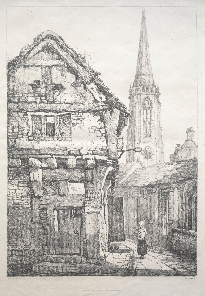 En række gamle bygninger og landlige hytter i det nordlige England: At York, Street..., 1821. af Samuel Prout