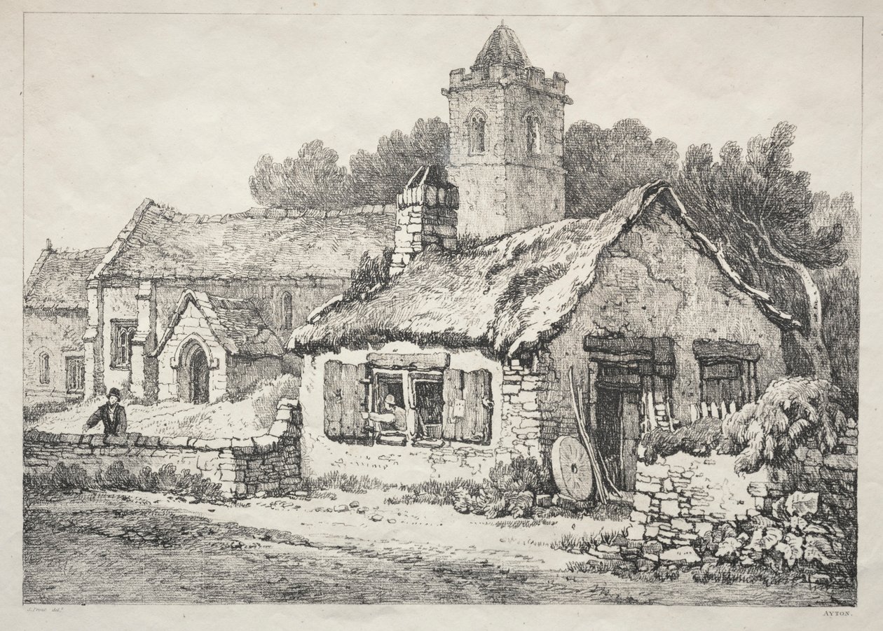 En række gamle bygninger og landlige hytter i det nordlige England: Ayton, 1821. af Samuel Prout