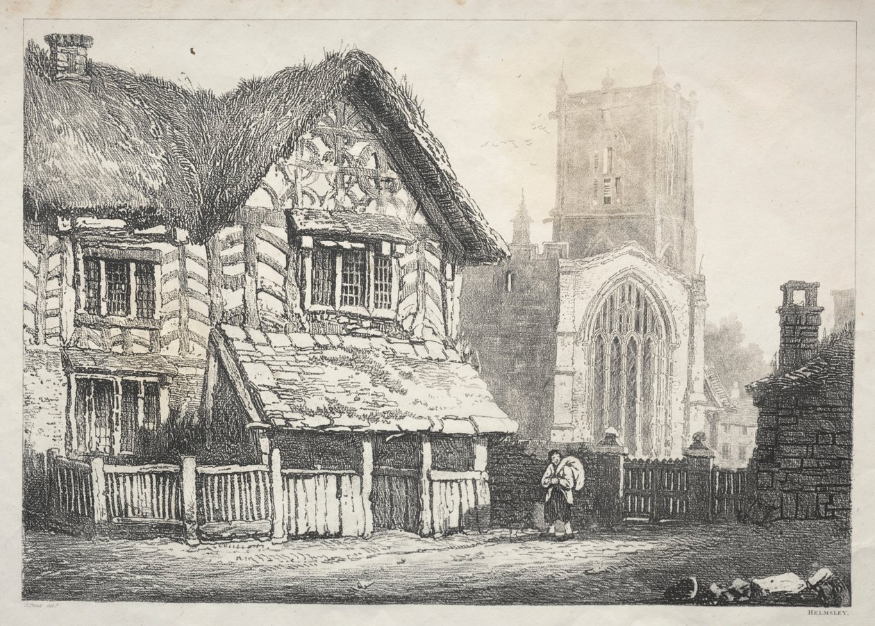 En serie af gamle bygninger og landlige hytter i det nordlige England: Helmsley, 1821. af Samuel Prout