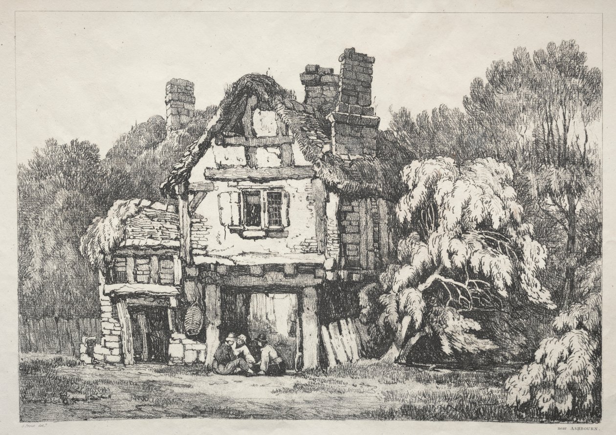En række gamle bygninger og landlige hytter i det nordlige England: I nærheden af Ashbourne af Samuel Prout