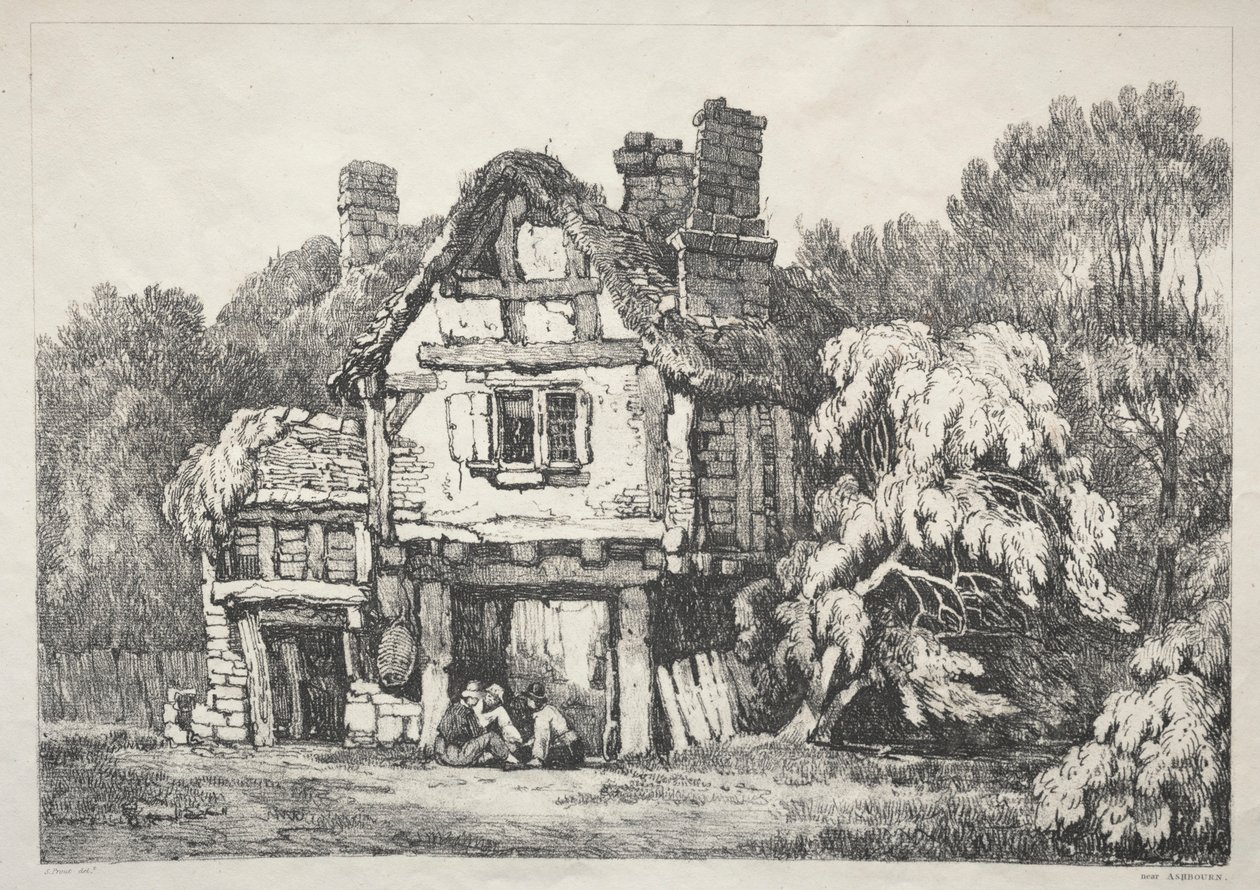 En række gamle bygninger og landlige hytter i det nordlige England: Nær Ashbourne, 1821. af Samuel Prout