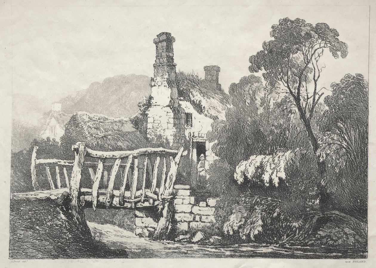 En række gamle bygninger og landlige hytter i det nordlige England: Nær Byland af Samuel Prout