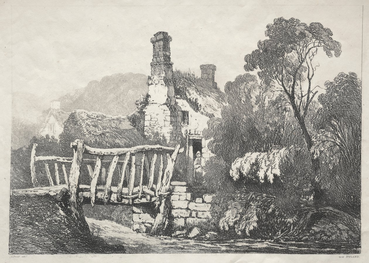En serie af gamle bygninger og landlige hytter i det nordlige England: Near Byland, 1821. af Samuel Prout
