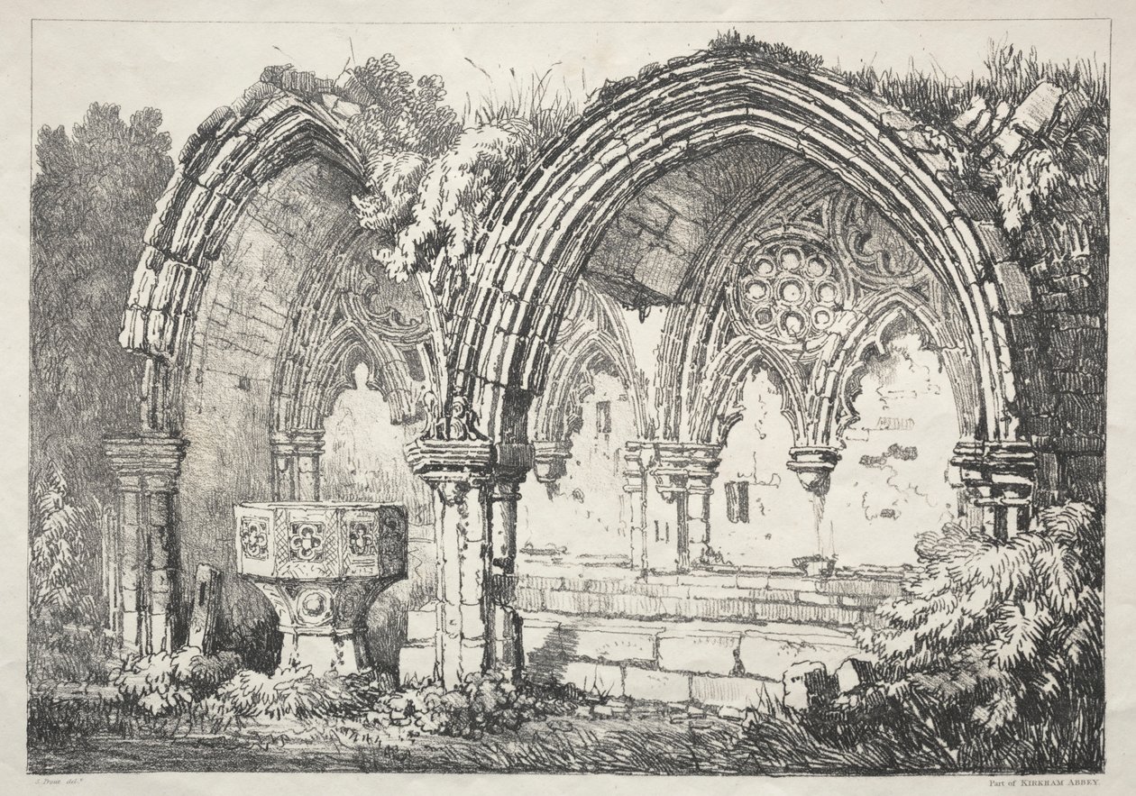 En serie af gamle bygninger og landlige hytter i det nordlige England: En del af Kirkham Abbey, 182 af Samuel Prout