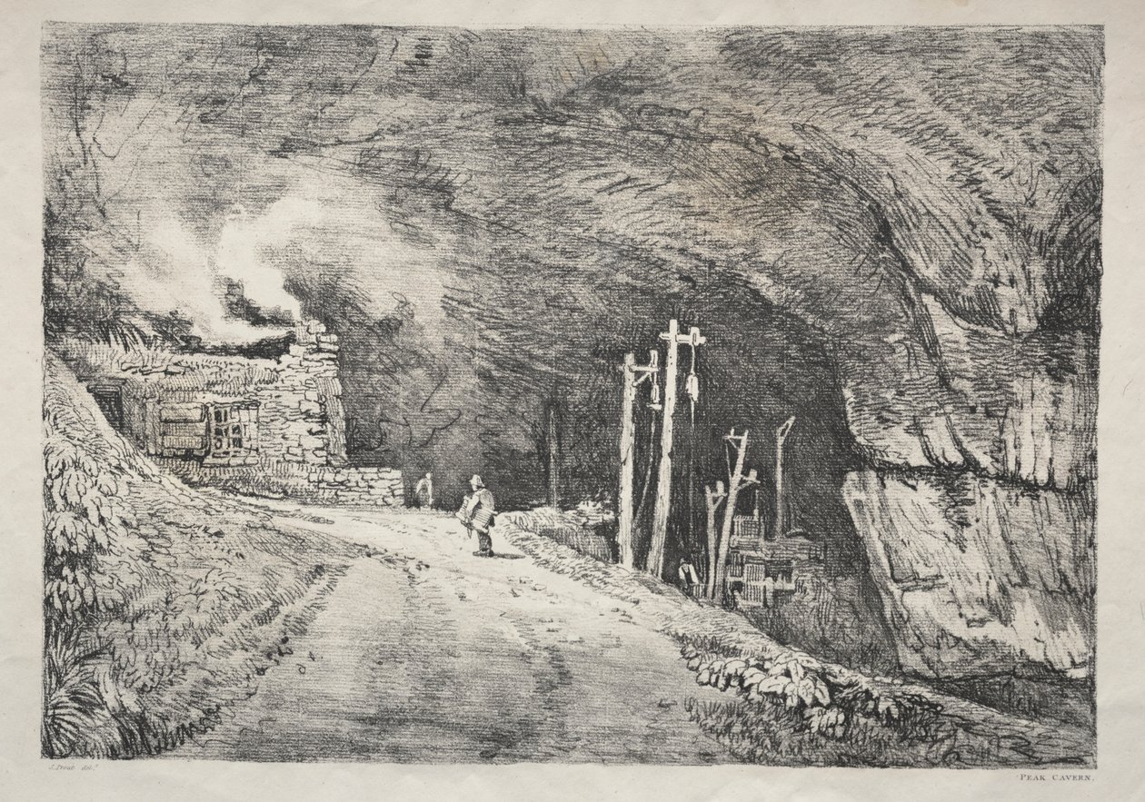 En række gamle bygninger og landlige hytter i det nordlige England: Peak Cavern af Samuel Prout