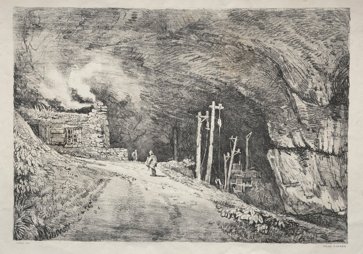 En serie af gamle bygninger og landlige hytter i det nordlige England: Peak Cavern, 1821. af Samuel Prout