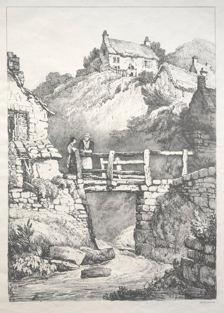 En række gamle bygninger og landlige hytter i det nordlige England: Runswick af Samuel Prout