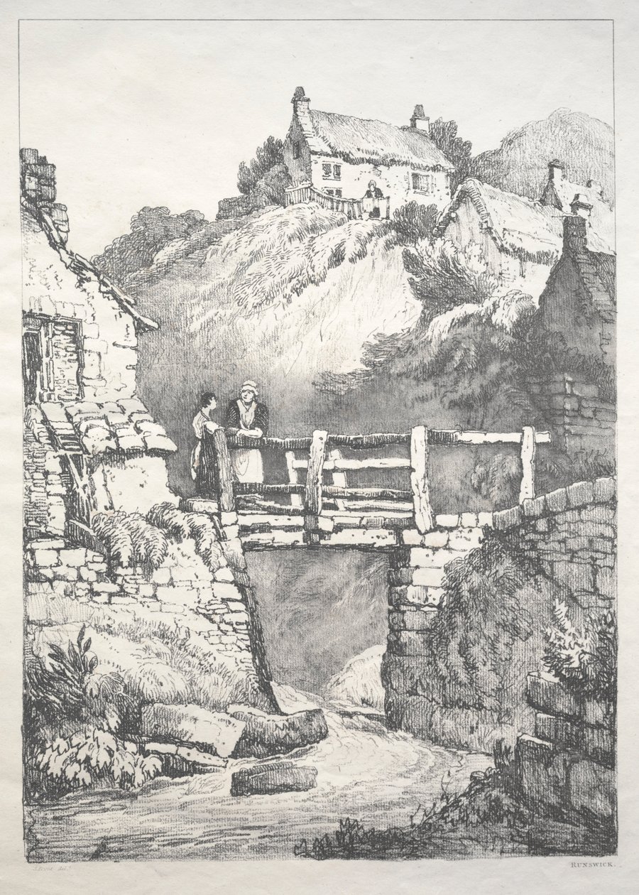 En serie af gamle bygninger og landlige hytter i det nordlige England: Runswick, 1821. af Samuel Prout