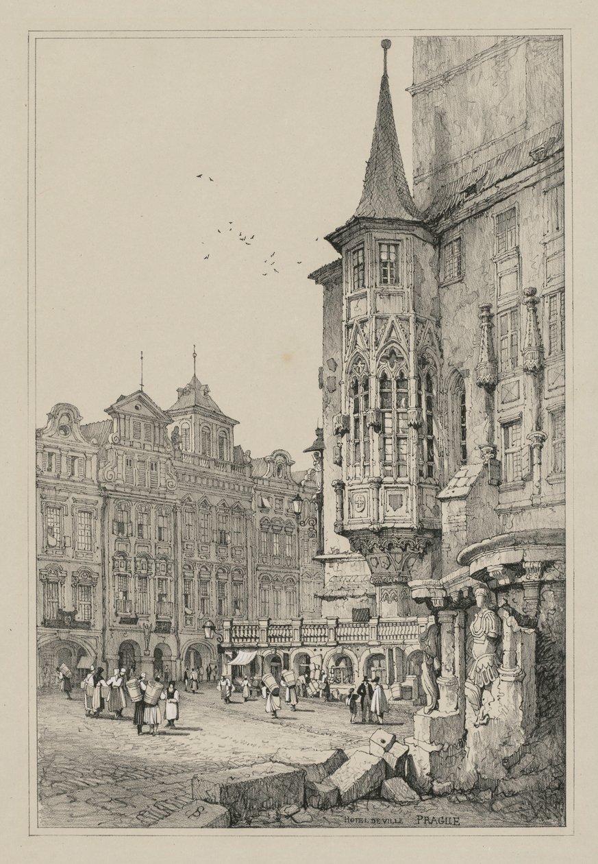 Facisimilies af skitser lavet i Flandern og Tyskland: Hotel de Ville, Prag, 1833. af Samuel Prout
