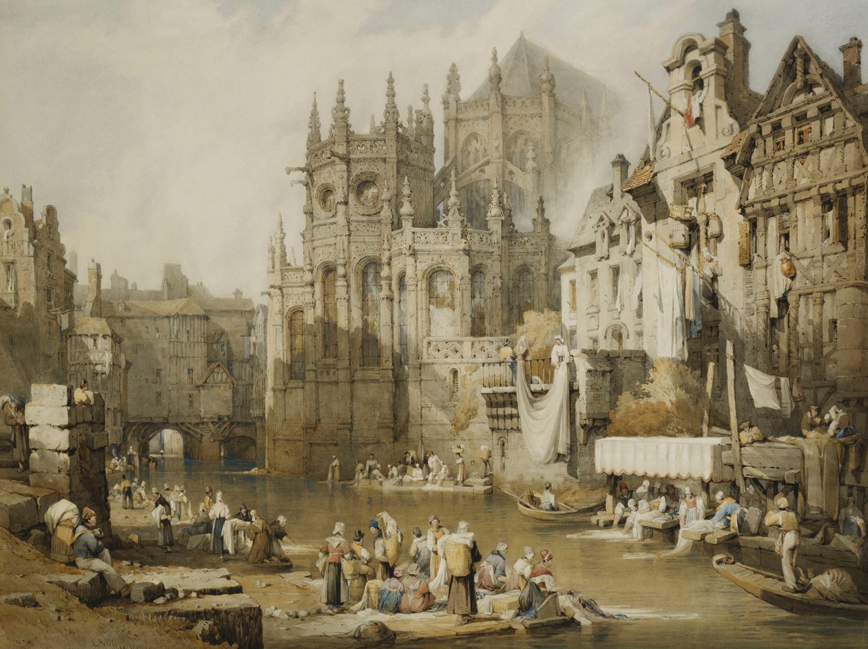 Figurer på flodbredderne ved St. Etienne, Caen, af Samuel Prout