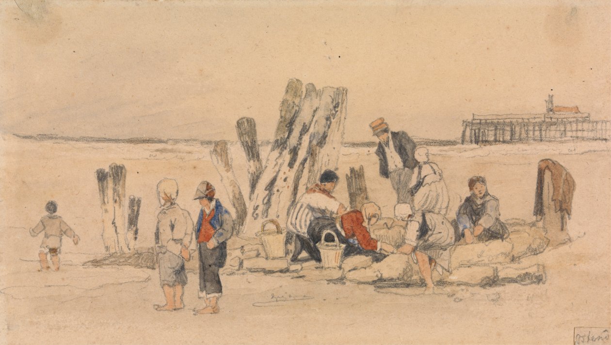 Fisherfolk on the Beach, Oostende af Samuel Prout