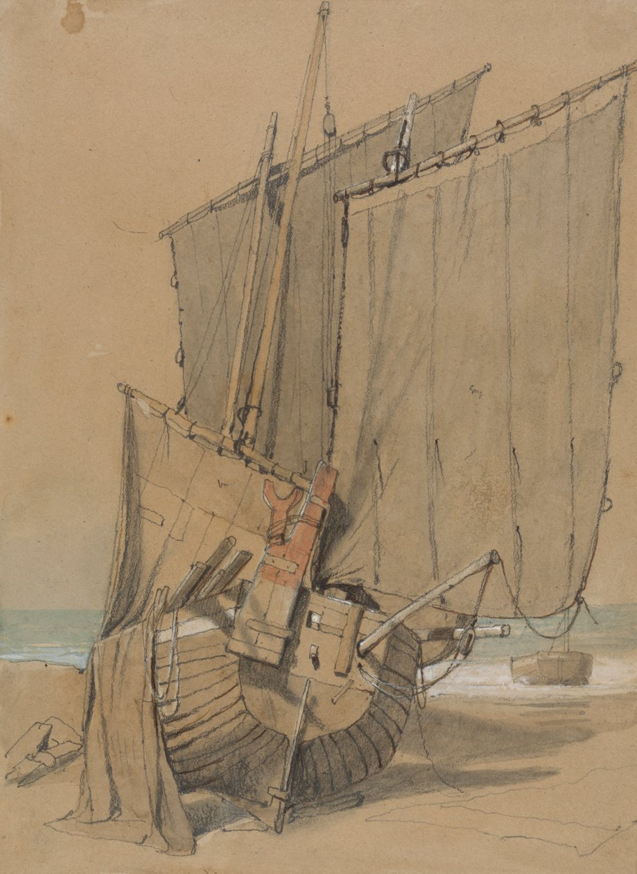 Fiskerbåde på stranden med sejltørring af Samuel Prout