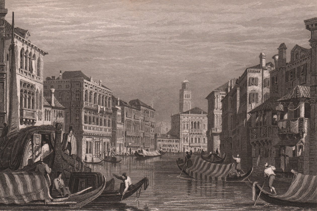 Gondoler på Canal Grande (Canal Grande), Venedig, Veneto, Italien, stålgravering efter tegning af Samuel Prout (1783-1852), ca. 15x11,5 cm af Samuel Prout