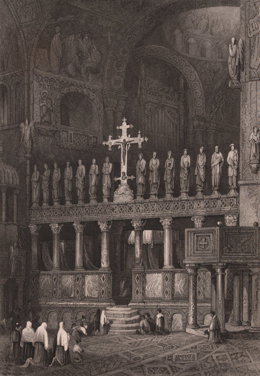 Ikonostase i Markuskirken (Basilica di San Marco), Venedig, Veneto, Italien, stålstik efter tegning af Samuel Prout (1783-1852), ca. 15x11,5 cm af Samuel Prout