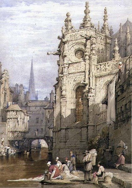 Scene med vaskekoner (akvarel og gouache på papir) af Samuel Prout