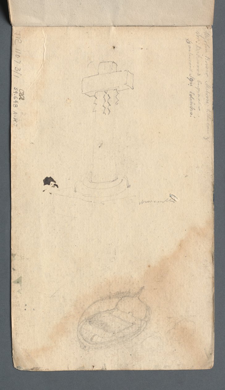 Skitsebog: Studie af kors og robåd på bagsiden, 1814. af Samuel Prout
