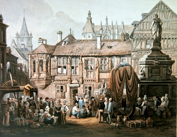 Hotel de Bourgtheroulde, Place de la Pucelle, Rouen, ca. 1825 (farvegravering) af Samuel Prout