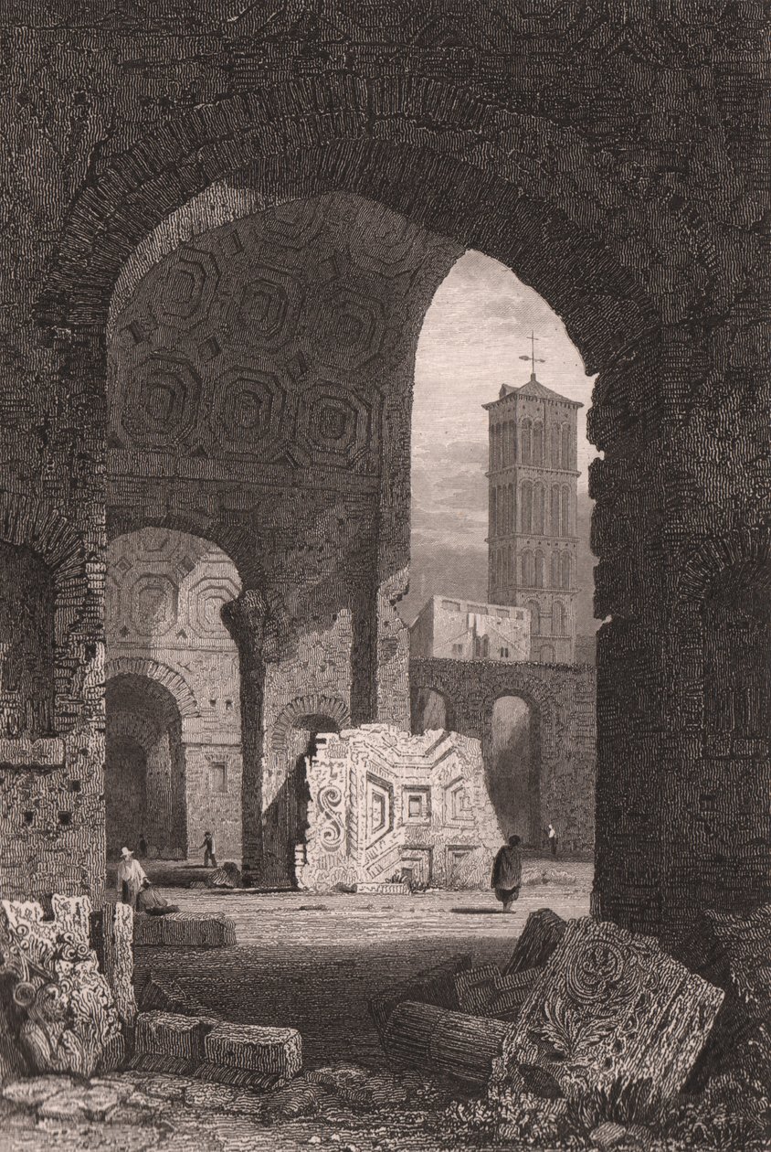 Fredens tempel eller Vespasians forum, Rom, Lazio, Italien, stålgravering fra tegning af Samuel Prout (1783-1852), ca 15x115 cm af Samuel Prout
