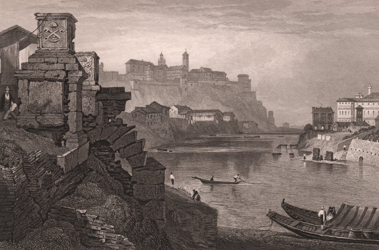 Tiber-joki Aventinuksen vuorella taustalla, Rooma, Lazio, Italia, teräskaiverrus Samuel Proutin (1783-1852) piirroksesta, n. 15x115 cm af Samuel Prout