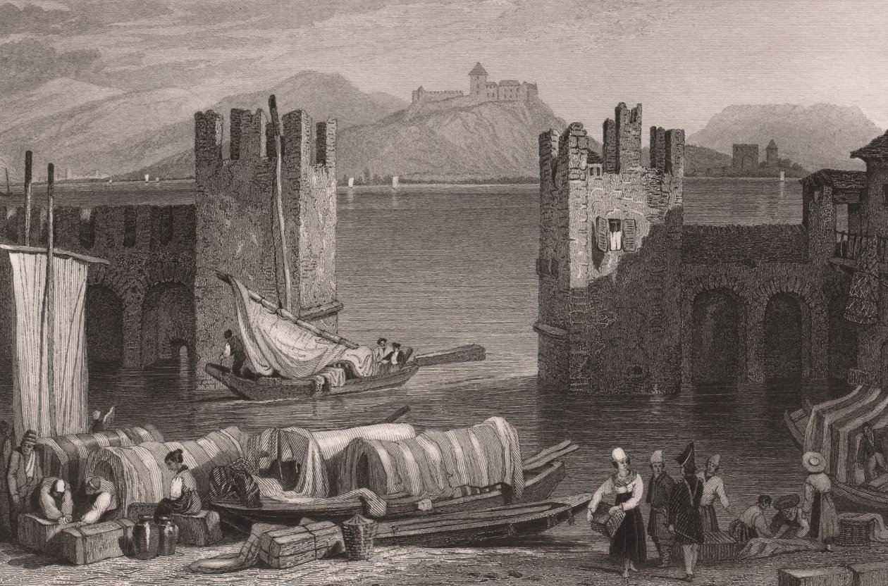 Udsigt over Angera slot i Arona, Lago Maggiore, Piemonte, Italien, stålgravering fra tegning af Samuel Prout (1783-1852), ca 16x11 cm af Samuel Prout