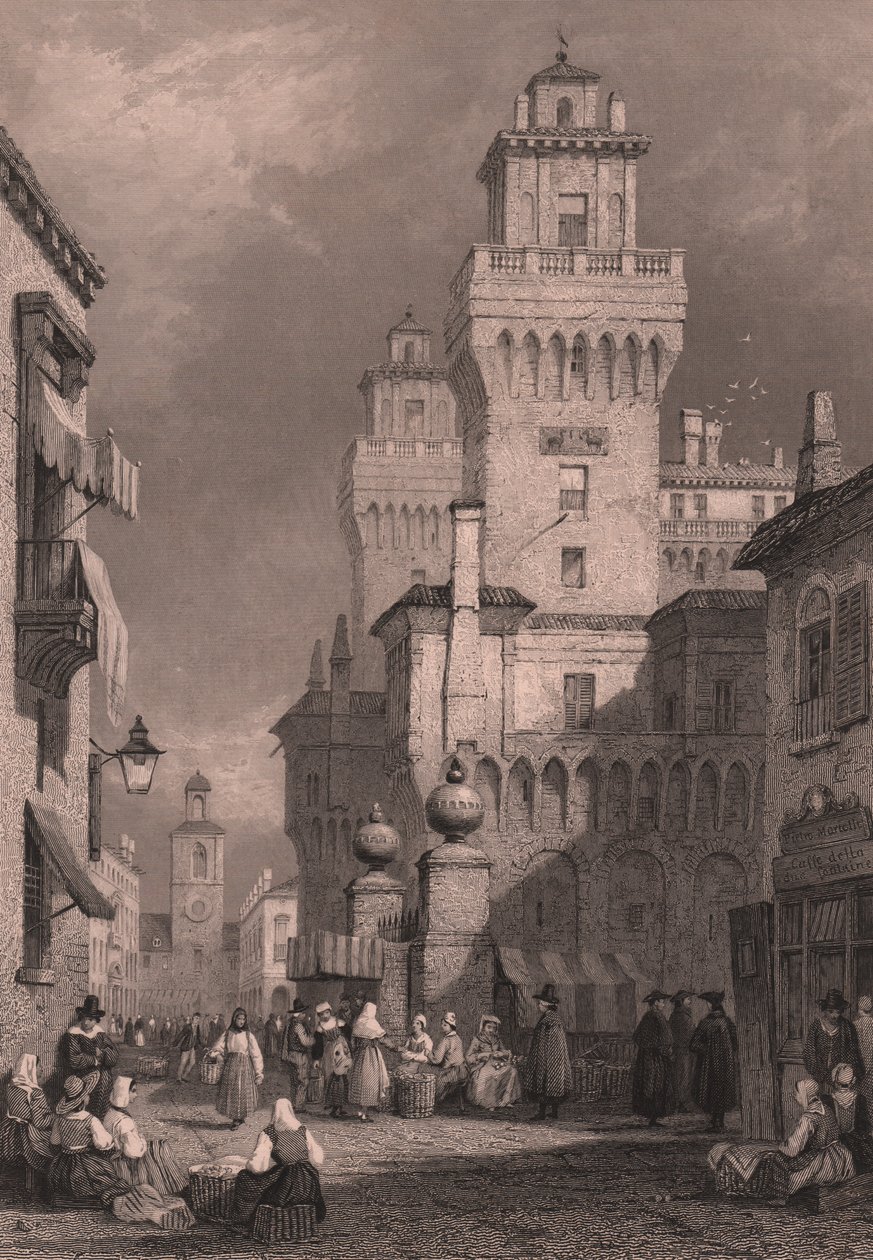 Udsigt over Castello Estense, Ferrara, Emilia-Romagna, Italien, stålstik af John Godfrey (ca. 1817-1889) efter tegning af Samuel Prout (1783-1852), ca. 26x17 cm, udgivet af Blackie and Son af Samuel Prout