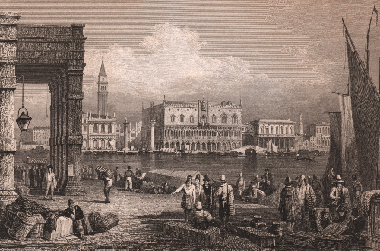 Udsigt over Markusbassinet i Venedig, Veneto, Italien, stålgravering efter tegning af Samuel Prout (1783-1852), ca. 15x11,5 cm af Samuel Prout