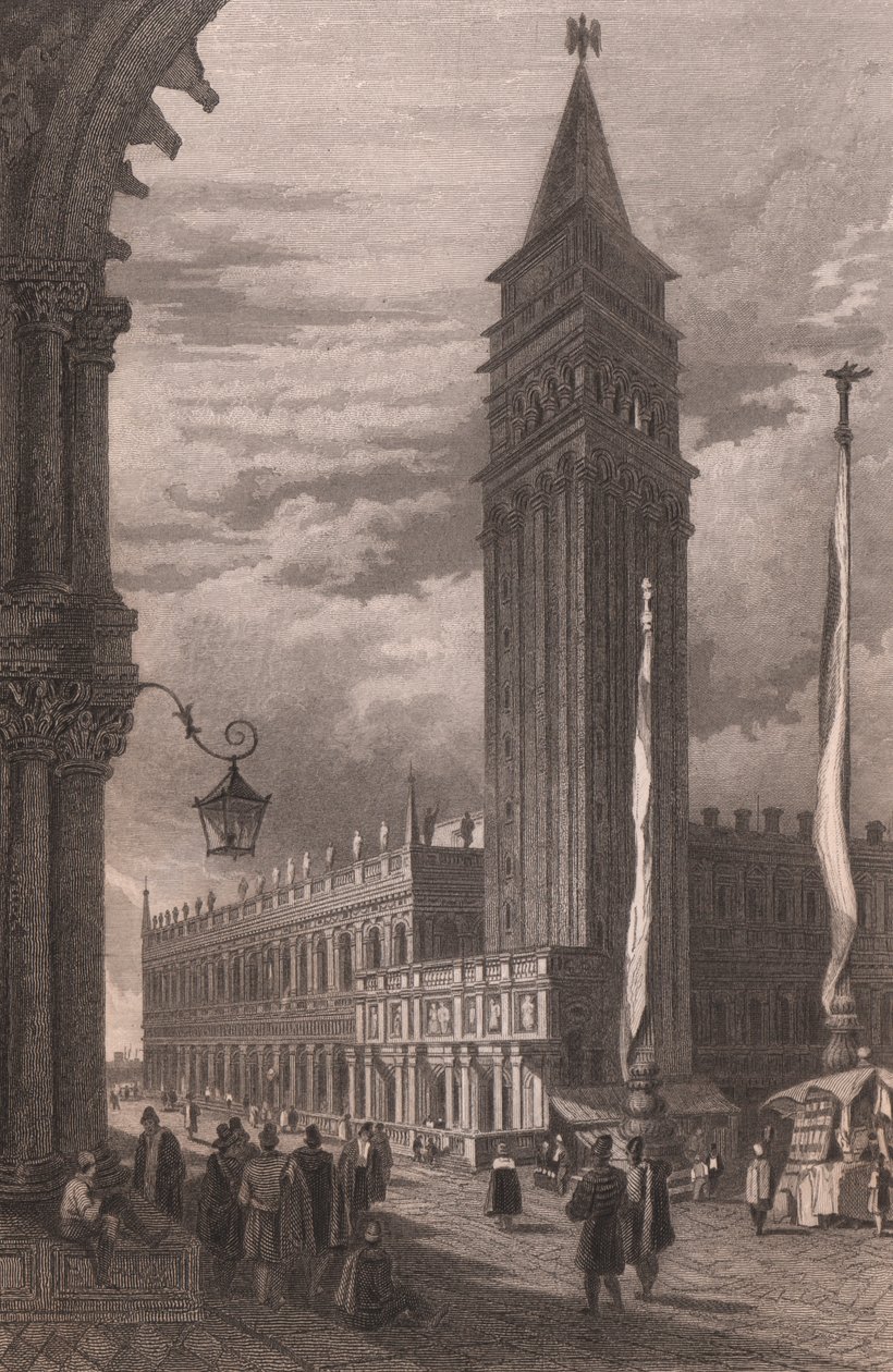 Udsigt over Sankt Markus klokketårn i Venedig, Veneto, Italien, stålgravering efter tegning af Samuel Prout (1783-1852), ca. 15x11,5 cm af Samuel Prout