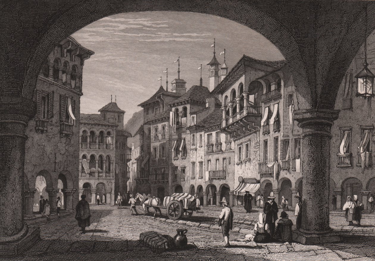 Näkymä torille Domodossolassa, Piemontessa, Italiassa, teräskaiverrus Samuel Proutin (1783-1852) piirroksesta, n. 16x11 cm af Samuel Prout