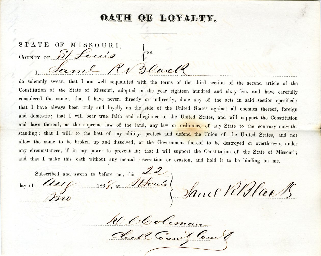 Loyalitet ed af Samuel R. Black fra Missouri, County of St. Louis af Samuel R. Black