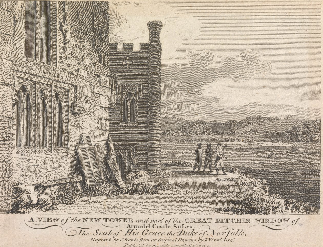 En udsigt over det nye tårn og en del af Great Kitchin Window i Arundel Castle, Sussex (udgivet af J. Sewell); side 13 (bind 1) af Samuel Rawle