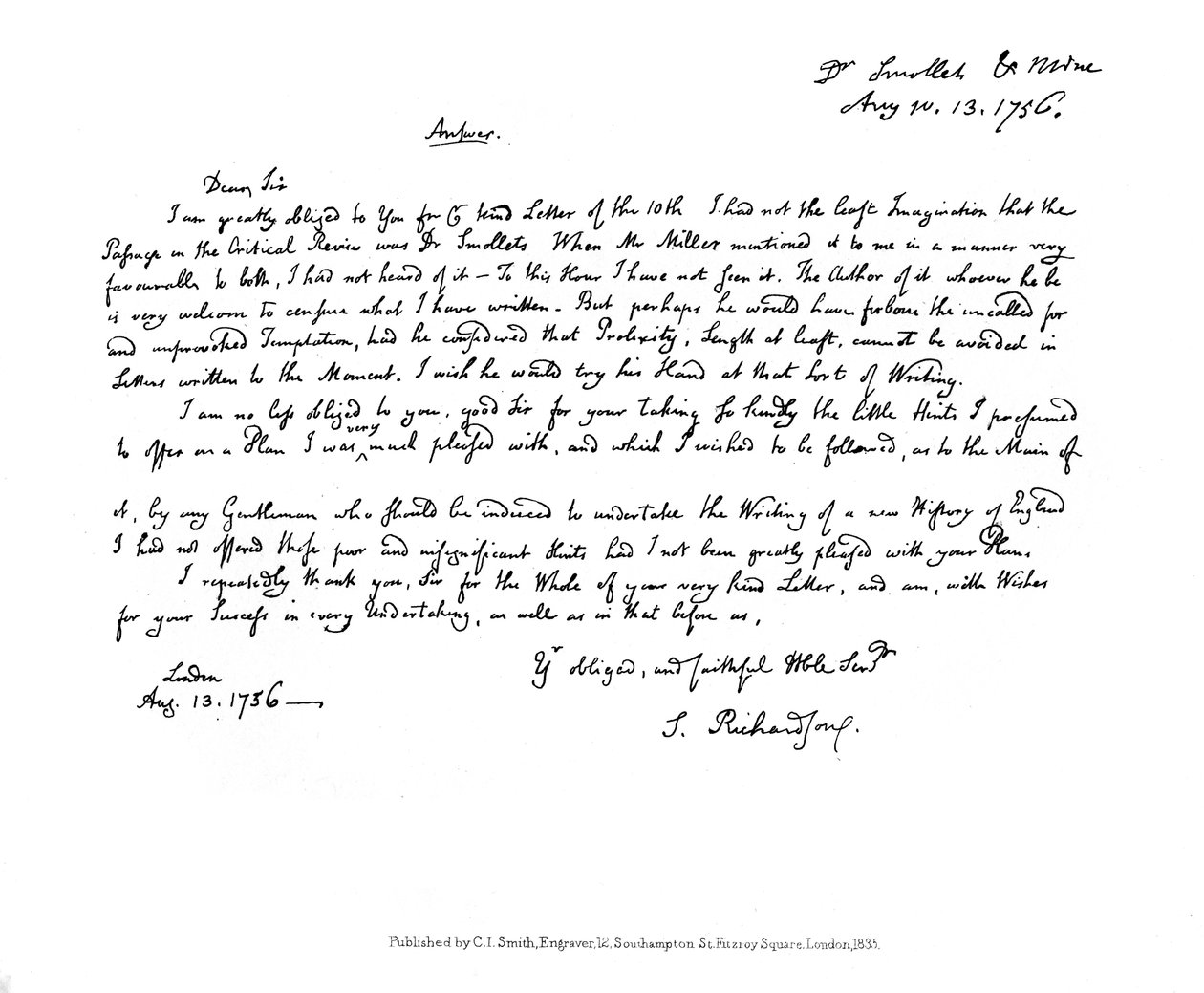 Et brev fra Samuel Richardson til Dr. Smollett, 1756, 1840 af Samuel Richardson