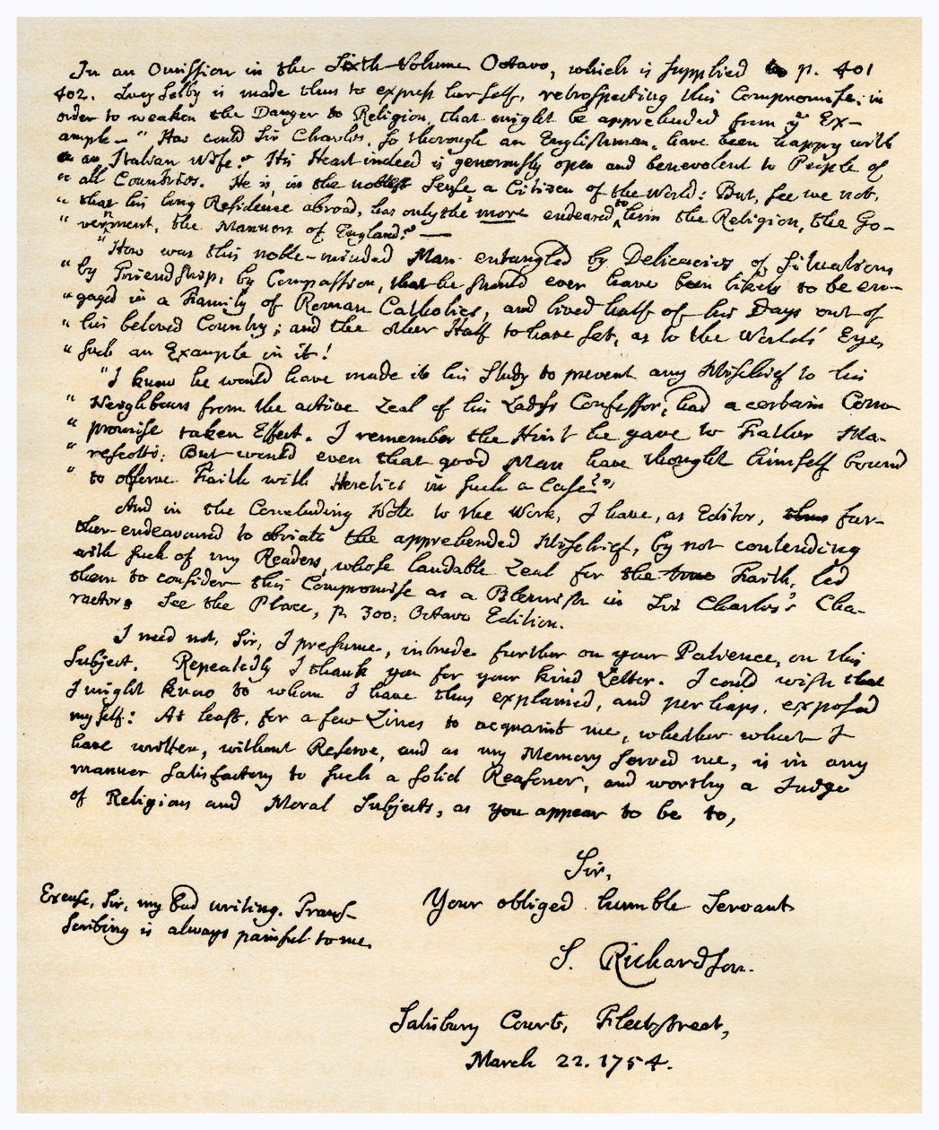 Brev fra Samuel Richardson, 22. marts 1754. af Samuel Richardson
