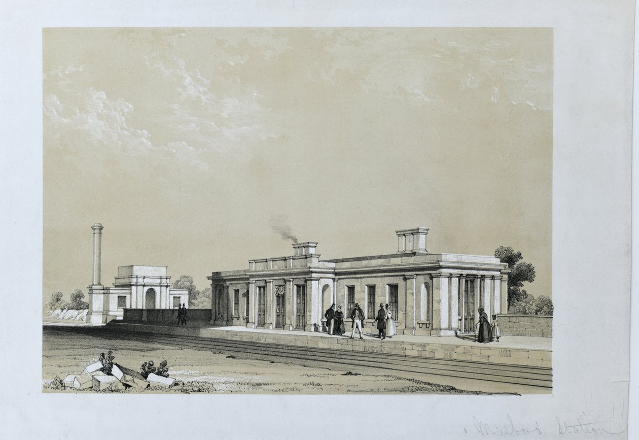 Masborough Station c1840 (tonet litografi på papir) af Samuel Russell