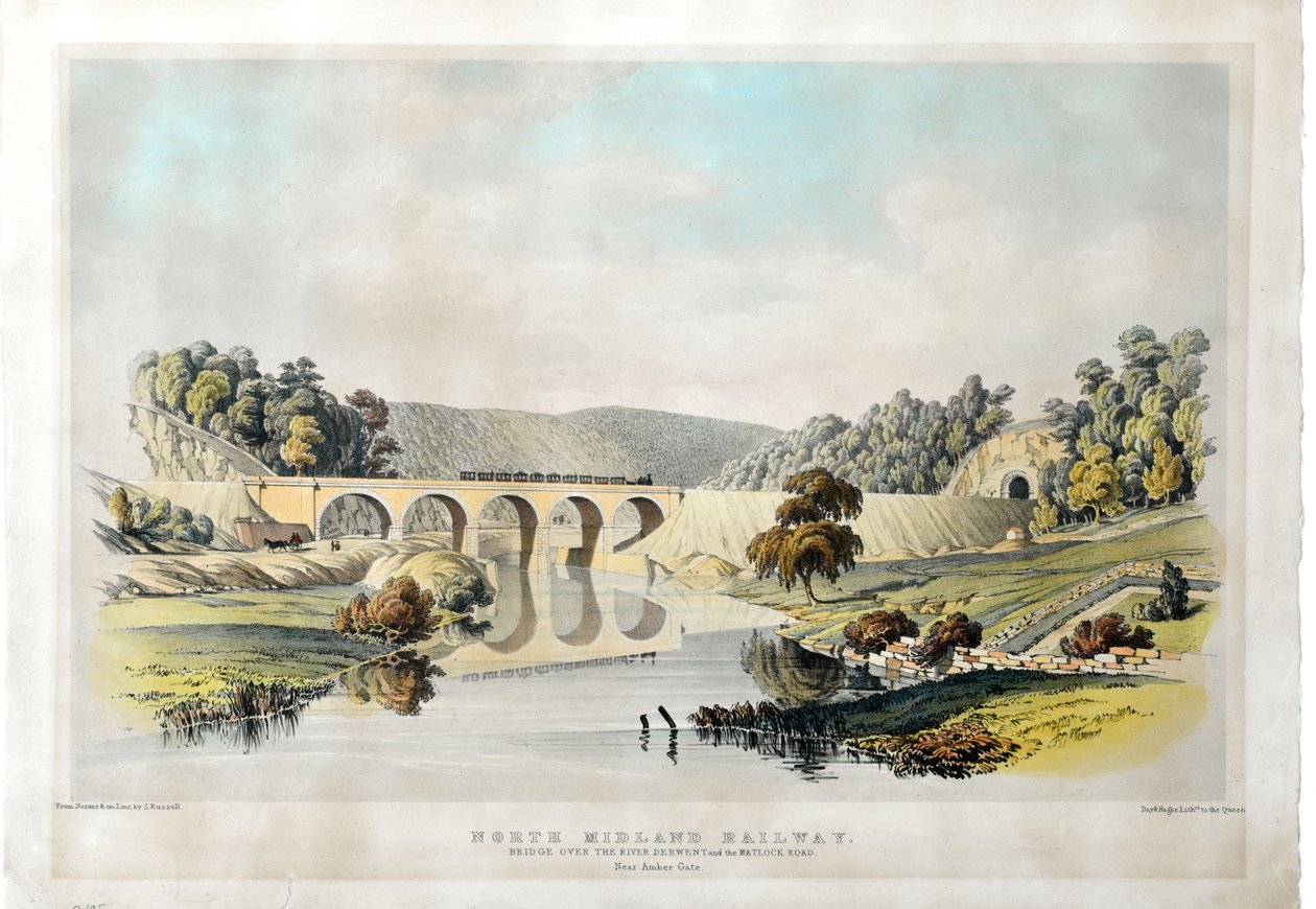 North Midland Railway Bridge over floden Derwent og Matlock Road nær Amber Gate. 1840 (håndfarvet litografi på papir) af Samuel Russell