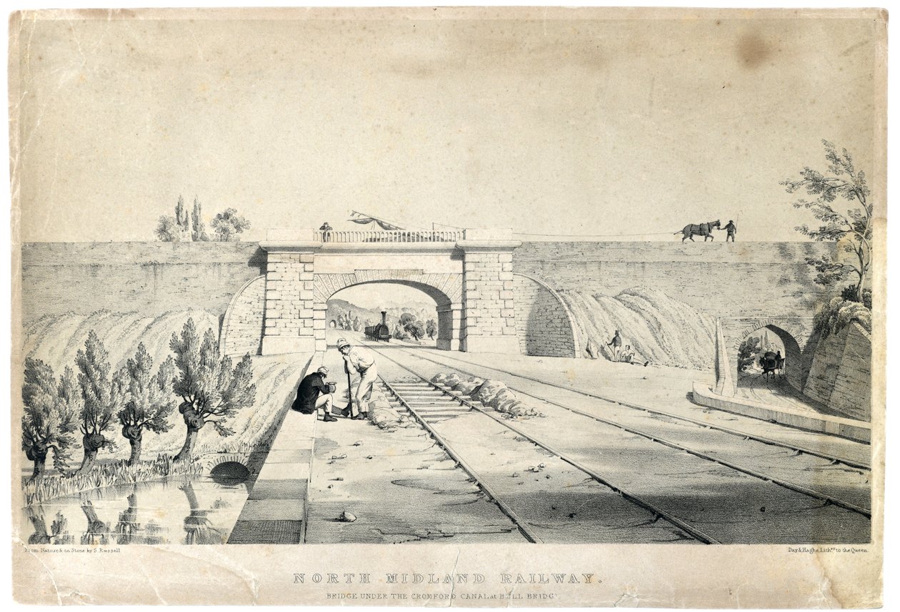 North Midland Railway Bridge under Cromford Canal ved Bull Bridge, ca. 1840 (tonet litografi på papir) af Samuel Russell