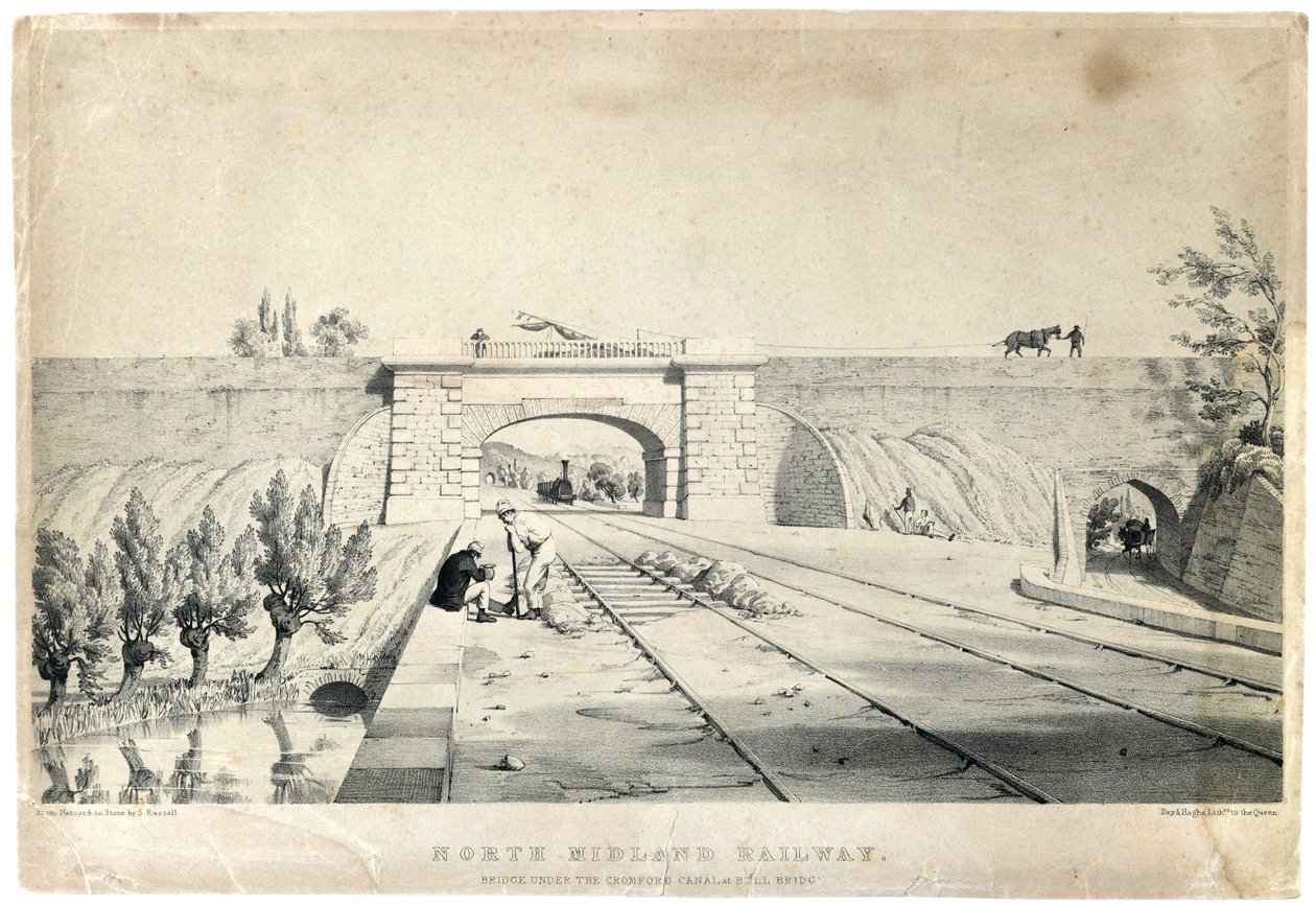 North Midland Railway Bridge under Cromford Canal ved Bull Bridge c1840 (tonet litografi på papir) af Samuel Russell