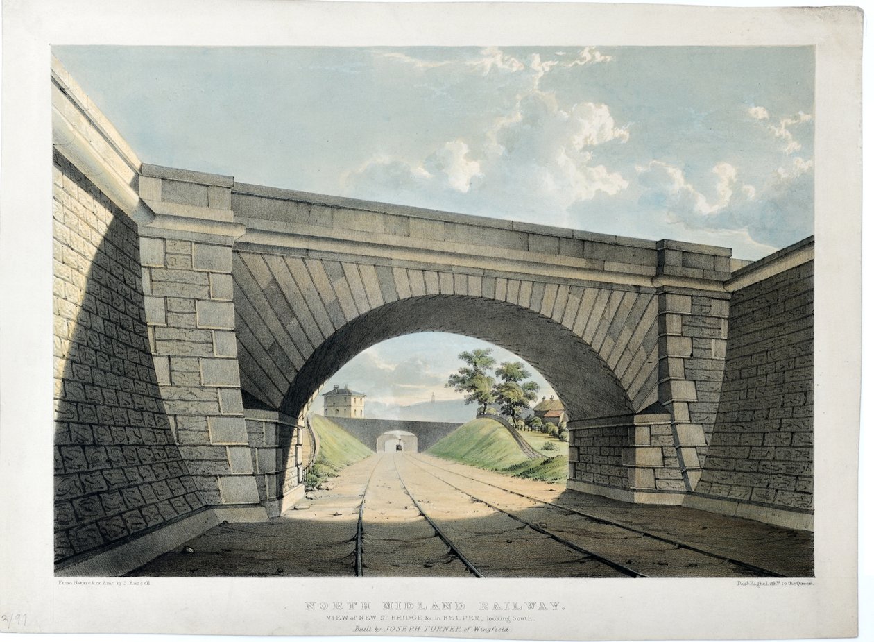 North Midland Railway. Udsigt over New Street Bridge osv. i Belper, ser mod syd, ca. 1840 (håndfarvet litografi på papir) af Samuel Russell