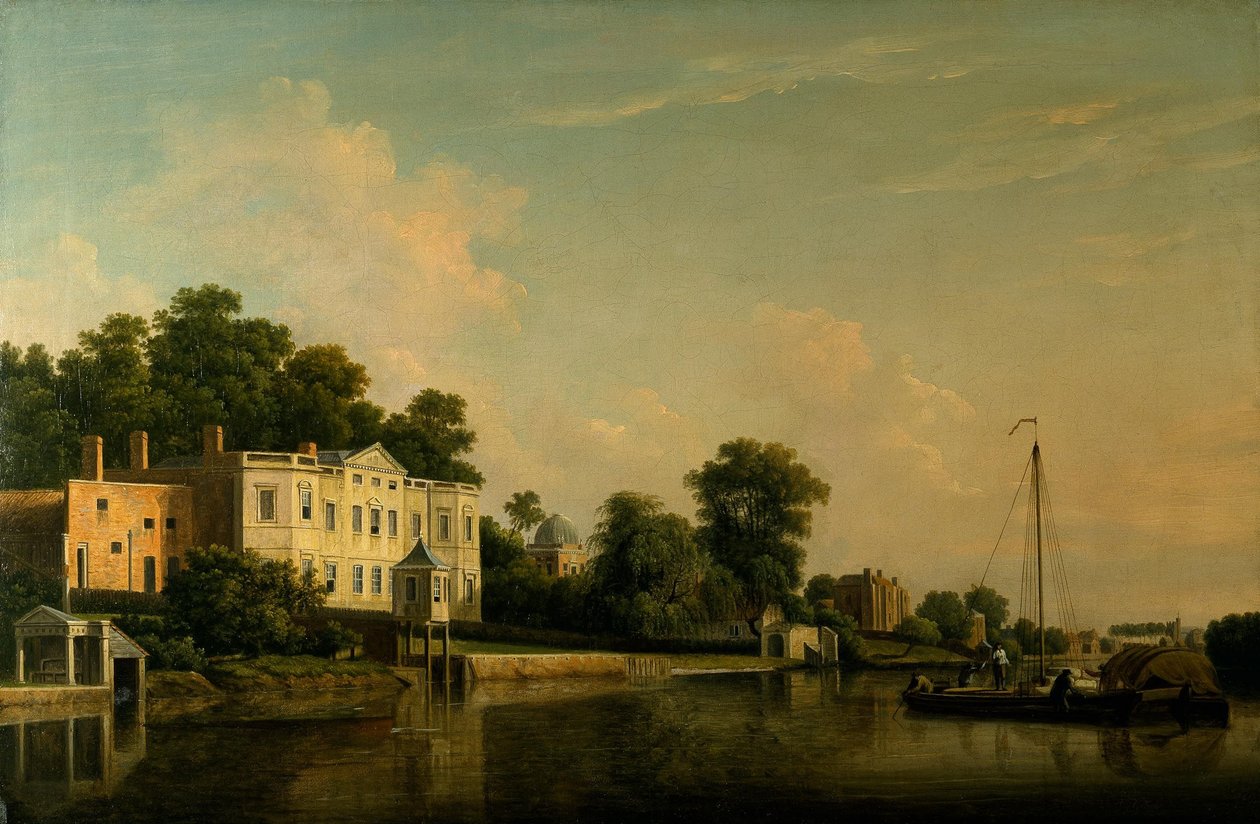 En udsigt over Alexander Popes villa, Twickenham, ved Themsens bredder. af Samuel Scott
