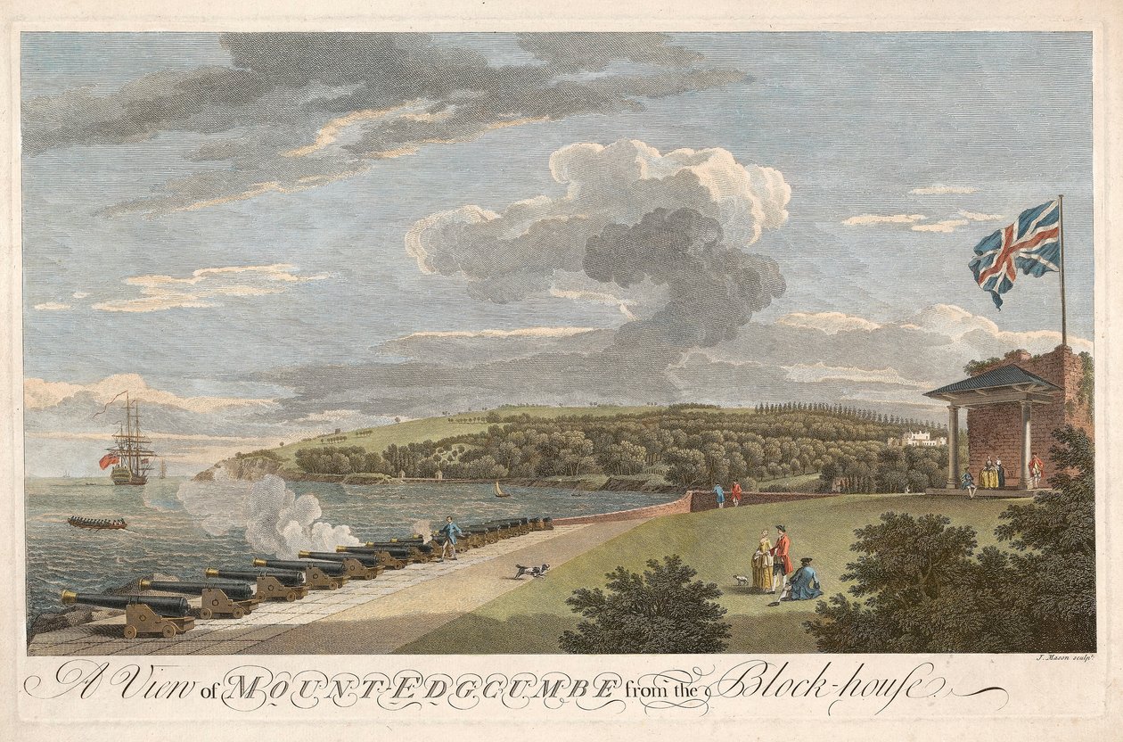 En udsigt over Mount Edgcumbe fra Block House, pub. 1755. af Samuel Scott