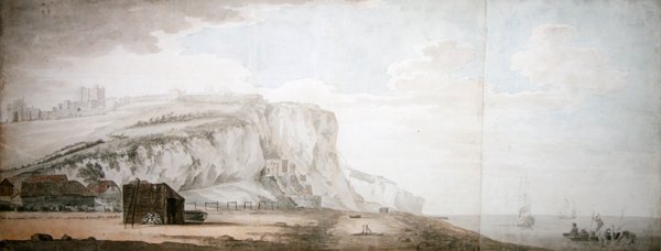 Dover Castle og Cliffs from the Shore (blyant, pen & blæk og akvarel på papir) af Samuel Scott