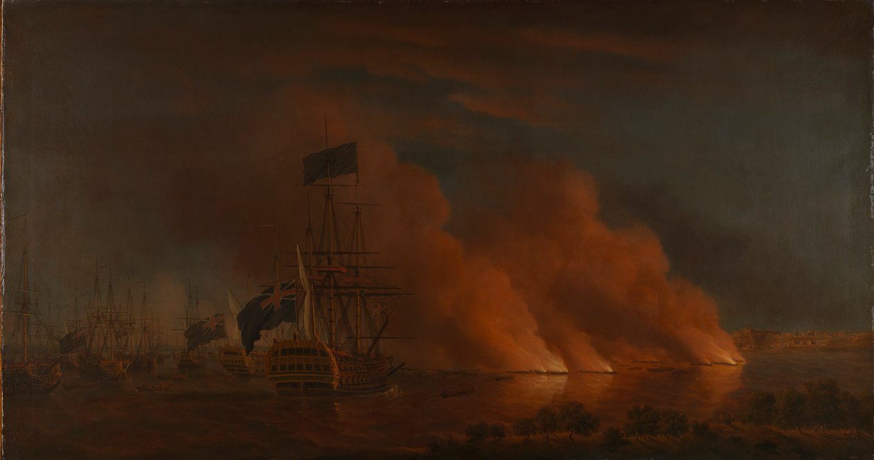 Franske ildflåder angriber den britiske flåde ud for Quebec, 28. juni 1759 af Samuel Scott