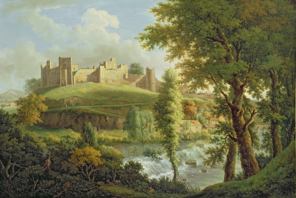 Ludlow Castle med Dinham Weir, fra det sydvestlige, ca. 1765-69 (olie på lærred) af Samuel Scott