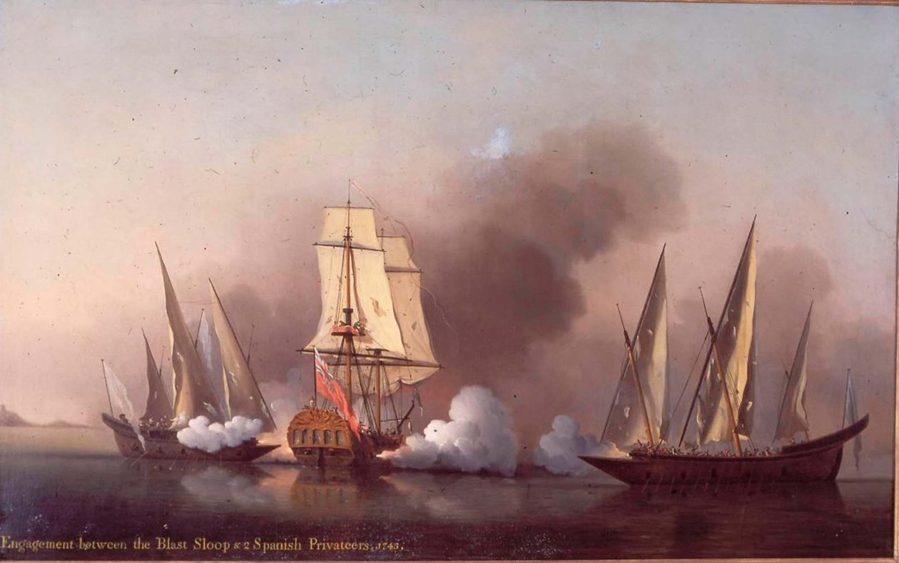 Forlovelsen mellem Blast Sloop og to spanske kapere af Samuel Scott