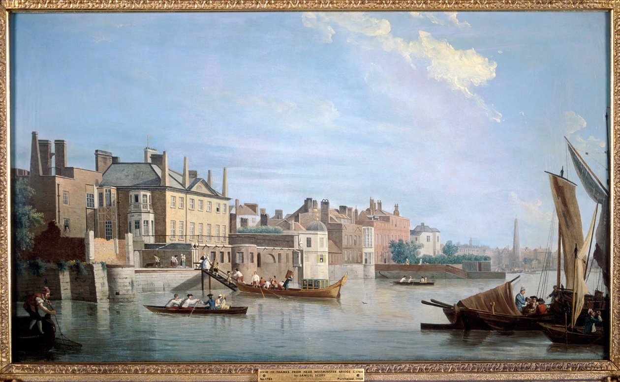 Themsen med Montagu House, fra nær Westminster Bridge, London, 1749 af Samuel Scott