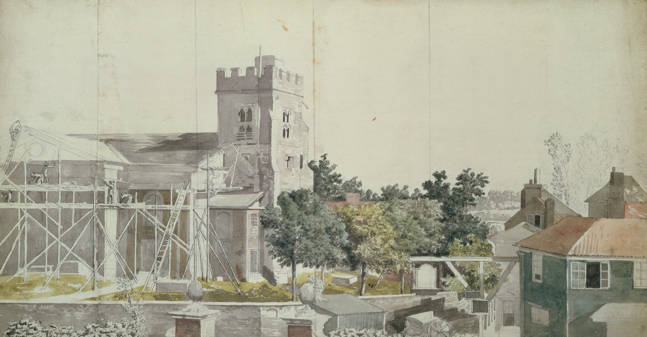 Twickenham Church under stillads, 1700-tallet (wc, pen og blæk på papir) af Samuel Scott